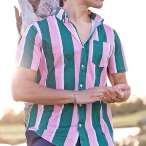 Men's Short-Sleeve Button-Down Shirt in Green & Pink Stripe